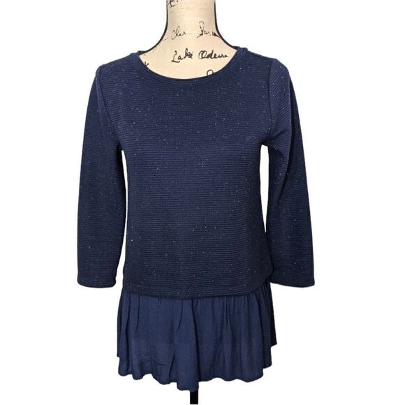 Loft Medium Blue Tunic Ruffled Tiered Ribbed Long Sleeved Top Blouse Sweater - Picture 1 of 11